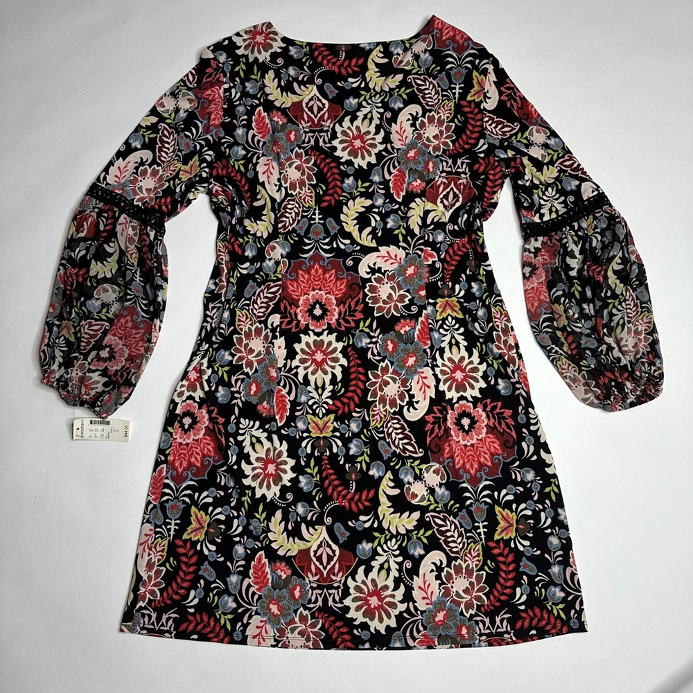 NWT Floral Hippie Strech Midi Longsleeved Dress -black red, lace puffer sleeve L - Picture 3 of 16